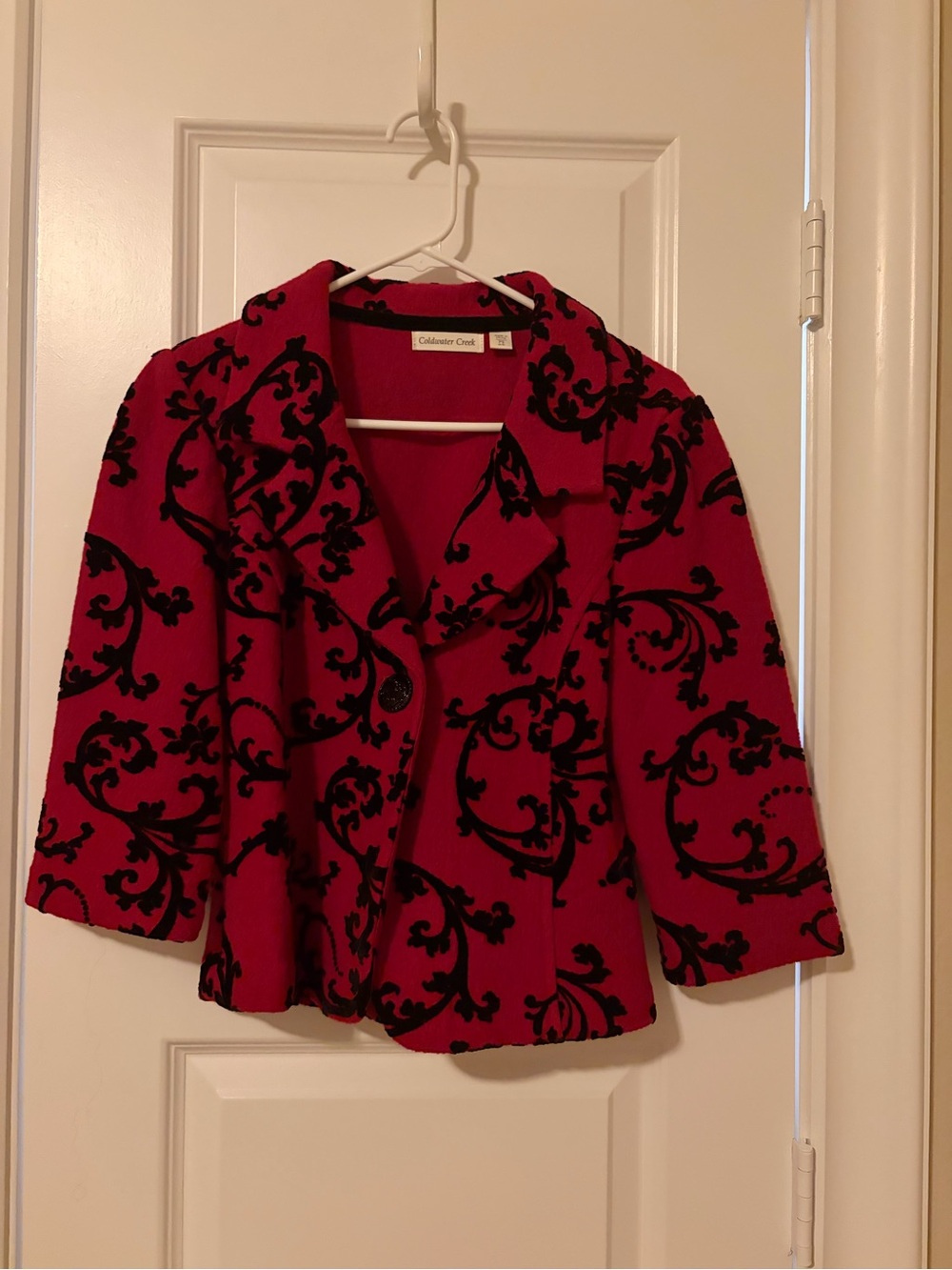 Coldwater Creek Red Jacket with Black Scroll Design